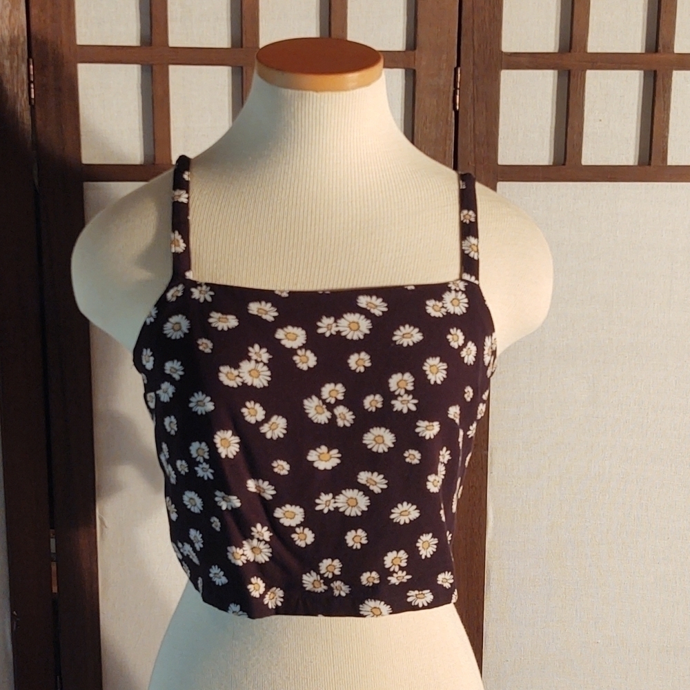 Hollister Daisy Print Black Crop Top with Tie Back Sz S